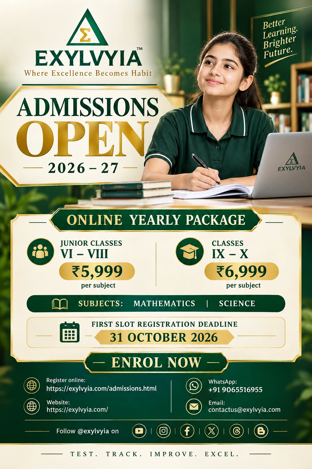 EXYLVYIA admissions open 2026–27 poster